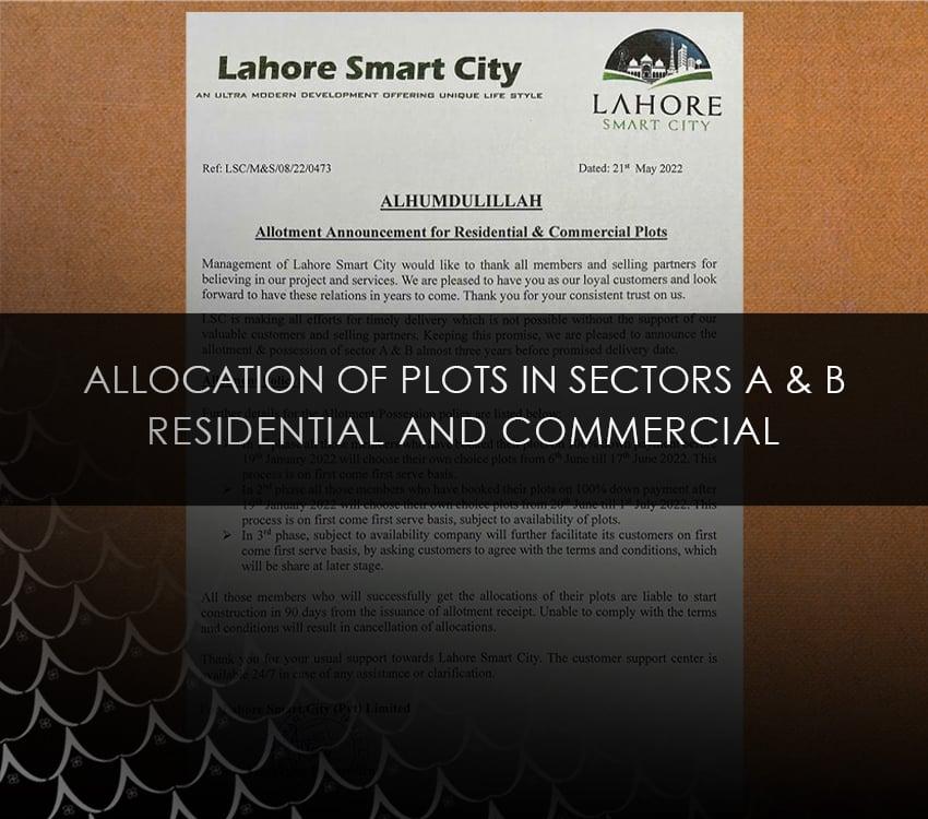 Lahore Smart City has announced dates for allocation of plots in sectors A and B - Residential and Commercial