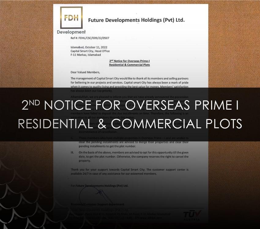 2nd Notice for Overseas Prime I Residential and Commercial Plots